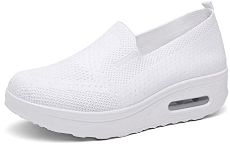 RZYW Zapatillas Slip-On Mujer Zapatillas sin Cordones para Mujer Ortopédicos Transpirables Sport Caminar para Correr Trabajar Andar Pasear Height-Increasing Sneaker,Blanco,36