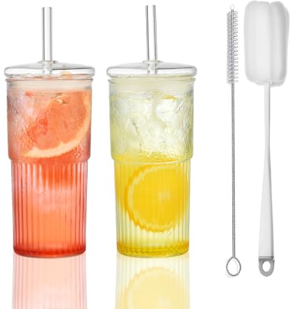 VITEVER Lot de 2 gobelets à thé à bulles de 600 ml avec couvercle et paille - En verre borosilicate - Pour café glacé, jus, smoothie, eau, thé, cadeau - 2 pinceaux propres