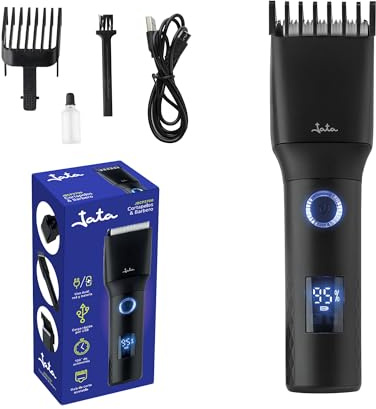 JATA JBCP3700 Haarschneidemaschine für Herren, mit 1 Schneidführung und 7 Positionen (3 bis 21 mm), Klingen aus Edelstahl und Keramik, batteriebetrieben und kabelgebunden.