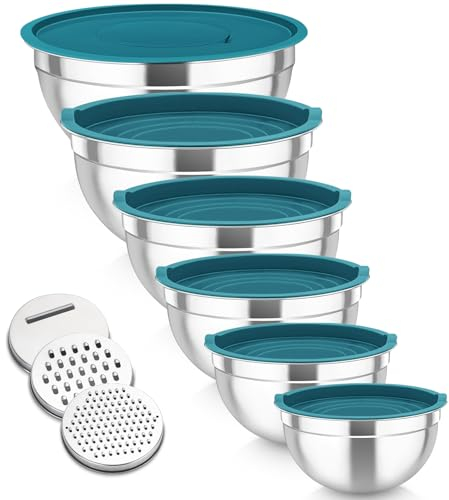 TEAMFAR Rührschüssel 6er Set, Edelstahl Schüssel Salatschüssel Set mit Luftdichtem Deckel für Backen Vorbereiten, 3 Reibenaufsätzen, 4,6L/2,8L/2,5L/1,6L/1,2L/0,7L & Stapelbar & Spülmaschinenfest, Blau