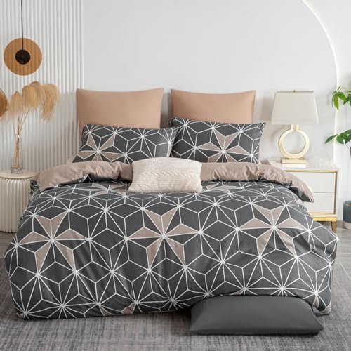 Soifox Bettwäsche 135x200 4teilig Grau Bettgarnitur - Geometrisch Bettwäsche Sets Microfaser Bettbezug 135 x 200cm mit Kissenbezug Bügelfrei & Knitterfrei Modern Deckenbezug mit Reißverschluss