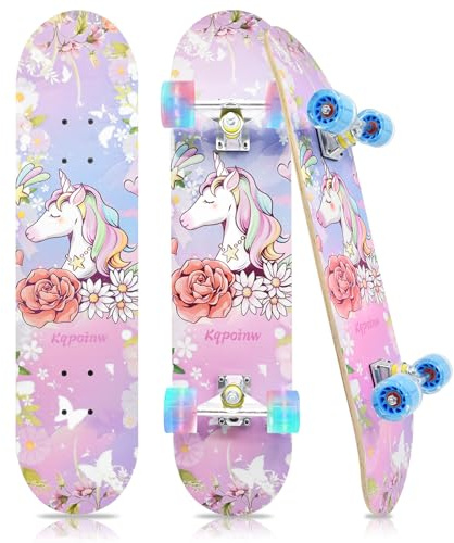 Kqpoinw Standard Skateboards with Colorful Flashing Wheels for Beginners, Kids,Teens, 7 Layer Maple Complete Skateboard for Girls Boys, 31 x 7.8 Double Kick Concave Kids skateboard with Skate T-Tool