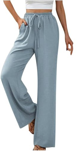 GUCURIN Pantalon Large Femme Chanvre Confortable Respirant Taille Haute Longue Sweatpants Chic Taille Elastique Jogging Plage avec Poches à la Mode Bureau Vacances Loisirs
