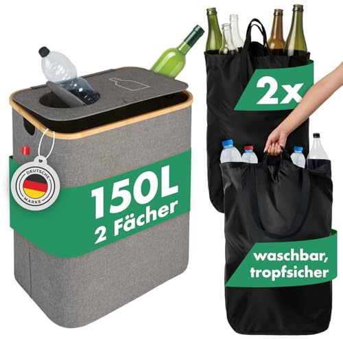 Blumtal Conteneur de collecte de bouteilles de plantes 150 L avec 2 compartiments – Organisateur de bouteilles en bambou – Collecteur de bouteilles vide – Conteneur de collecte vide avec trou