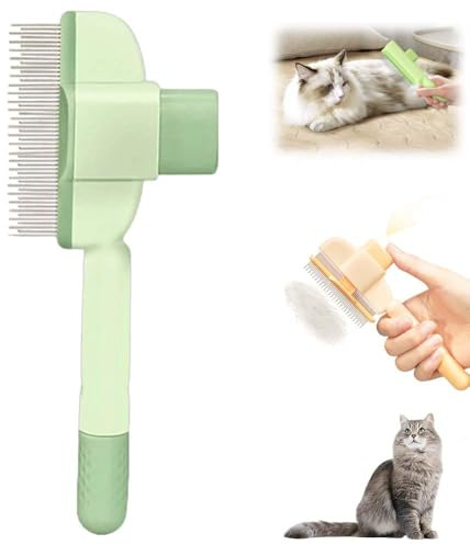 2025 Cepillo para gatos con dientes metálicos largos y cortos, botón de liberación automática, para pelo largo y corto (verde)