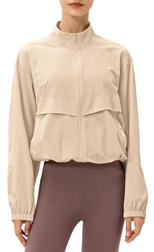 Locachy Women's Lightweight Zip Up Athletic Jacket Stand Collar Windproof Sun Protection Workout Outdoor Jacket Khaki L