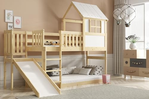 Interbeds Letto a soppalco con scivolo e scaletta, letto a castello, letto in legno, letto per bambini con rete a doghe, letto gioco (con scaletta) (Soppalco con scivolo)