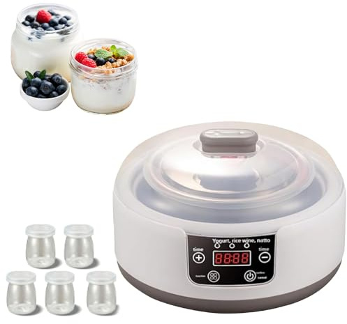 1200 ml yogurtiera, 5 vasetti yogurtieri, termostato regolabile e timer, yogurtiera con schermo digitale, riscaldamento PTC, 15 W yogurtiere multidelicati, per famiglia e yogurt fatti in casa (1200 ml