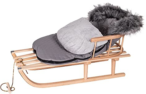 Slitta in legno di faggio, schienale con corda di trazione e sacco nanna invernale con chiusura lampo, 48/90 cm, slitta in metallo (grigio)