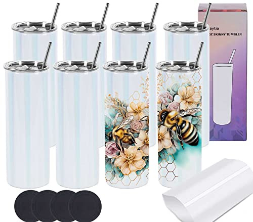 Wzaytia Glitter Sublimation Tumblers 20 Oz Skinny Straight, 8 Pack Stainless Steel Sublimation Glitter Shimmer Tumbler Blanks, Individually Boxed, White