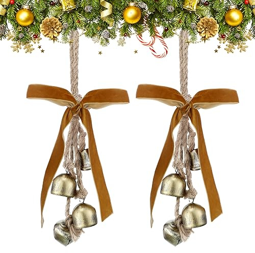 Lukmaa 2 Pcs Rustic Christmas Bells with Neutral Velvet Ribbon Bows Christmas Metal Bells Hanging Ornament Xmas Tree Wall Door Wreath Decoration for Rustic Farmhouse Holiday Decoration