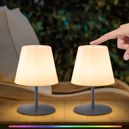 NiceBuy LED Tischlampe Akku 2er Set Touch Dimmbar Warmweiß/RGB USB-C Aufladbar Tischleuchte kabellos Mini Klein IP44 für Wohnzimmer Balkon Patio Terrasse (Grau)