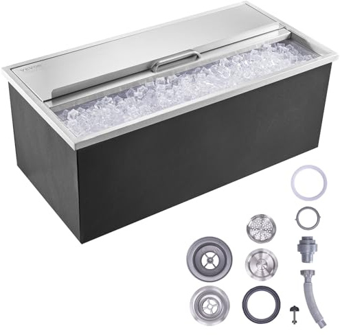 VEVOR Drop in Ice Chest, 91x45.7 X35.5cm（LxBxH） Iskylare i Rostfritt Stål, Kommersiell Isbehållare med Skjutlock, 40,9qt Utomhuskök Ice Bar, Avloppsrör och Avloppsplugg Ingår, för Kall Vinöl