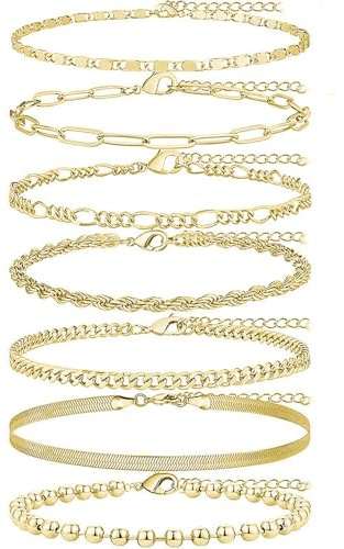 CYWQ 7pcs Gold Ankle Bracelets for Women,14k Gold Plated Waterproof Layered Cuban Figaro Link Chain Anklets Set Women Jewelry Gift Adjustable (Gold)