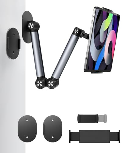 PUJUDODA Tablet Wandhalterung, Verstellbare Aluminium Tabletständer für Küche, 2 Base Abnehmbare Handy Halterung Wand für iPhone, mini, iPad, Smartphones, Tablets (4-12.9)