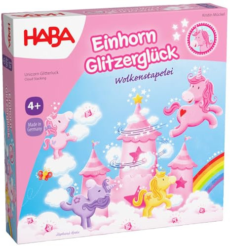 HABA Einhorn Glitzerglück: Wolkenstapelei – Stapelspiel für Kinder mit Einhörnern, Holz-Wolken & 10 glitzernden Wolkenkristallen, ab 4 Jahren – 2012232001