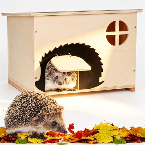 JAZUIHA Igelhaus Groß mit Rattenklappe und Labyrintheingang Winterfest, Holz Igelhotel mit Boden 37 x 30 x 28 cm, Igelhütte für Igel zum Unterschlupf & Winterschlaf