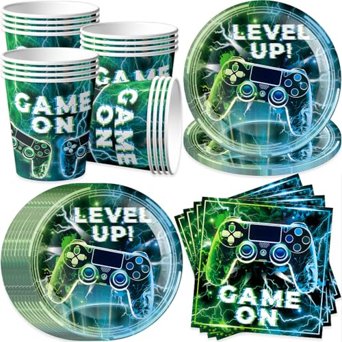 pekifaves Vajilla de fiesta de videojuegos para 16 invitados, servilletas, vasos, platos de papel desechables, juego de cumpleaños para niños, Decoración De Fiesta De Videojuegos