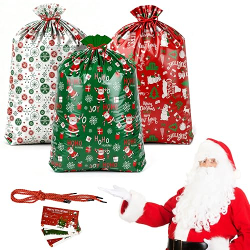 Zuxbolf 3 Pièces Grands Sacs Cadeaux Noël 145 cm × 91 cm, Grande Pochette Cadeau Noel en Plastique, Sac Cadeau Noel Grand Format avec Étiquette et Corde pour Cadeaux, Décoration (Vert, Rouge, Blanc)