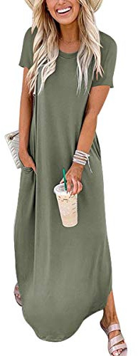 ANRABESS Womens Summer Maxi Dress Short Sleeve Casual Loose Long T Shirt Dresses Split Vacation Beach Sundress Travel Outfits Olive X-Large