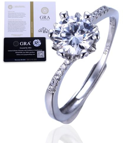 Halukakah Sterlingsilber Damen Diamantring mit 1 Karat Moissanitstein und Zertifikat, 1,0 ct Eleganter Schmuck für Verlobungen, Feiern und Geburtstage, Verstellbare Größe - Schneeflocken-Herzschlag