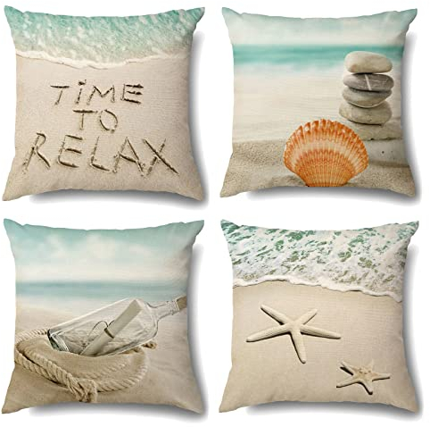 OCEUMACO Leinen Kissenbezug 50x50 Natur Strand Muster Kissenhülle 4er Set Quadratisch Dekokissen Sofakissen Bezug für Couch Mintgrün Meer Kissen Kissenbezüge Deko Zierkissen Couchkissen Outdoor