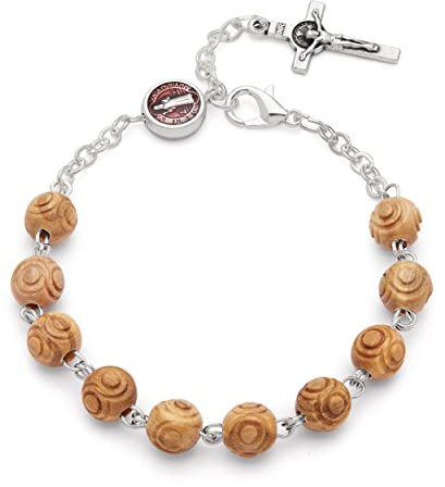 Mondo Cattolico - Rosario Bracciale Religioso con Perle in Legno di Ulivo, Vetro Veneziano o Madreperla - Spirito Santo e Vergine Miracolosa (Legno di Ulivo - Croce Smaltata)