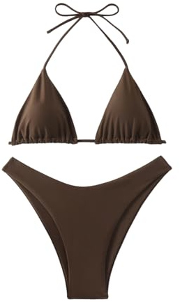 GORGLITTER Women's High Cut Thong Swimsuit Halter Triangle Tie Back Bikini Set Bathing Suit Coffee Brown Small