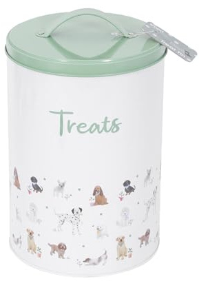 YöL Dog Treat Tin with Lid & Handle Pet Puppy Food Storage Container Snack Reward Tub White Green Illustrated Dog Print