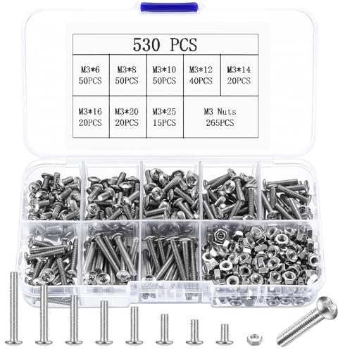 530 STK M3 Schrauben Set, Linsenkopfschrauben und Muttern, Phillips Rundkopfschrauben, Maschinenschrauben Sortiment, Gewindeschrauben Kit
