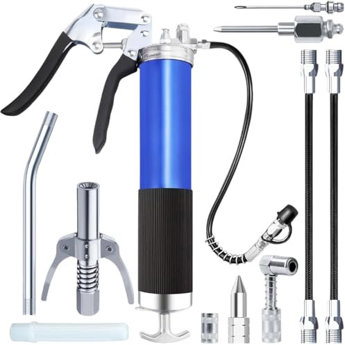 Grease Gun Kit, Heavy Duty Pistol Grip Grease Gun with Flex Hose, Quick Locking Coupler, Sharp Nozzle, Extension Pipe & Coupler, Grease Pump Compatible with 400cc Cartridge for Automotive, Marine