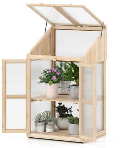 COSTWAY Invernadero Jardín de Madera, Armario para Plantas con Techo Transparente Abatible, Puerta con Llave, Estantes Removibles, Mini Invernadero Interior y Exterior Portátil