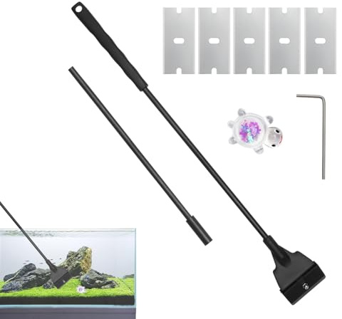 UOCAI Akvarium algskrapa bit akvarium rengöringsverktyg med avtagbar stång – 58 cm total längd, 5 blad i rostfritt stål, skruvmejsel, akvarierengöringsset för glas, fiskbehållare, svart