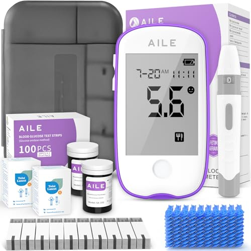 AILE Blood Sugar Monitor Testing Kits Diabetics Meter For Home Use Test Strips x 100 and Low Pain Lancing Devices x 100 Testing Monitoring 5 Seconds Accurate Machine