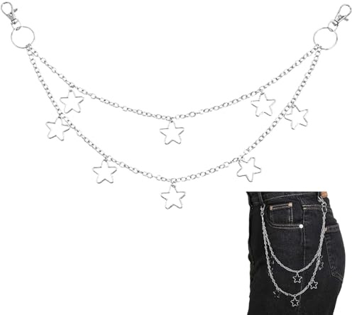 Cadena vaquera, cadena para pantalones punk para mujer, cinturón de cadena, cadena multicapa, cadena para cintura, accesorios corporales para mujeres y niñas, cadena de estrella, cinturón de moda punk