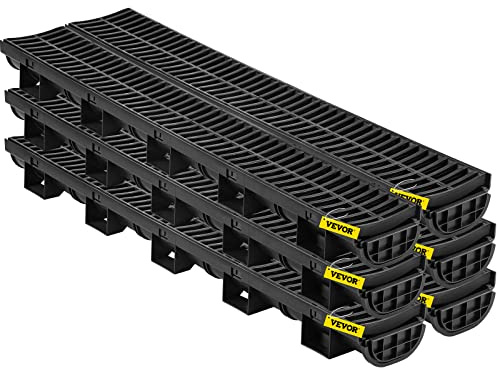 VEVOR Trench Drain System 6 Pack, Channel Drain with Plastic Grate 5.8 x 3.1 in HDPE Drainage Trench, Black Plastic Garage Floor Waterway 6 x 39 in with 6 End Caps for Garden Driveway