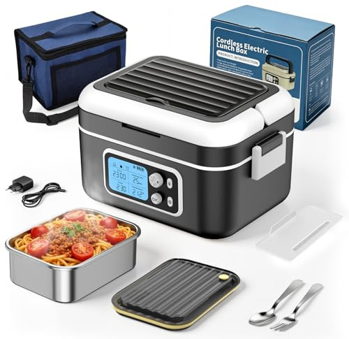 Fiambrera Electrica Recargable, 1,5 L Taper Electrico para Comida con Pantalla LCD y Temporizador, Fiambrera Termica Portátil con Vajilla de Acero Inoxidable y Bolsa Aislante para Coche, Oficina