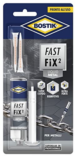 Bostik Fast Fix2 Liquid Metal Colle Bicomponenti Super Forte e Rapida, Pronta all'Uso, Per Metalli, 10g, Grigio