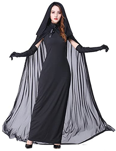 Myir Halloween Kostüm Damen Geister Schwarze Geisterbraut böse Königin, Karneval Ausführen Kostüme Erwachsene Vampir Lange Kleid Horror (Schwarz, Small)