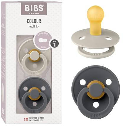 BIBS Colour Soother 2-Pack, BPA Free Dummy Pacifier, Round Nipple. Natural Rubber Latex, Made in Denmark. 0-6 Months (Pack of 2), Sand/Iron