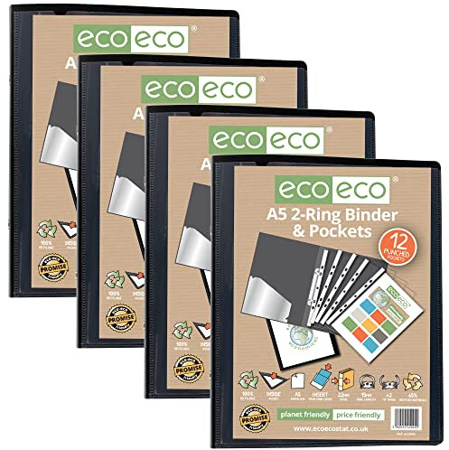 eco-eco Präsentations-Ringbuch, A5, 65% recycelt, mit 12 mehrfach gelochten Hüllen, Schwarz, 4 Stück, eco045x4
