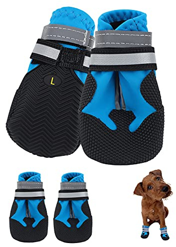 Jodsen Dog Boots, Set of 4 Waterproof Dog Shoes with Reflective Straps Anti-Slip Sole Outdoor Paw Protectors Puppy Shoes for Small Medium Dogs Autumn Winter (Blue, L)