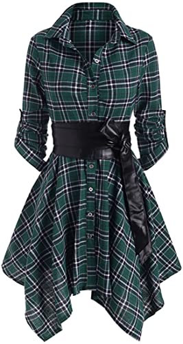OLIPHEE Women's Shirt Dress Check Tartan Shirt Long Sleeve Blouse Mini Dress Long Top Waist Belt Plaid Shirt Skirt Green XXL