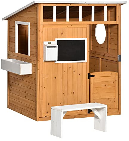 Outsunny Casa Infantil de Madera Casita de Juegos para Niños de +3 Años con Mesita Banco Buzón Pizarra Macetero Ventanas y Puerta para Exterior 122x108x135,5 cm Natural