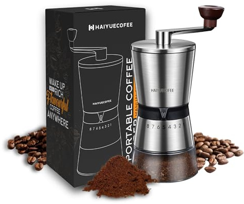 HAIYUECOFEE Manual Coffee Grinder with 8 Adjustable Coarseness Settings, Hand Crank Coffee Mill with Ceramic Burr for Espresso Beans, French Press, Pour Over, Drip Coffee – Rustproof, Non-Dulling