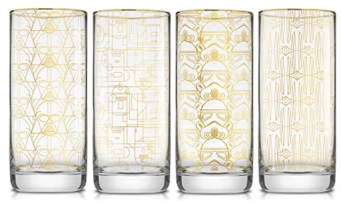 JoyJolt Star Wars Glassware. 'Deco' Highball Glasses Set of 4, 13.5oz Star Wars Glasses. Highball Glass Tumbler with Darth Vader in a Retro Crystal Glass Cup. Tall Drinking Water Glasses For Kitchen
