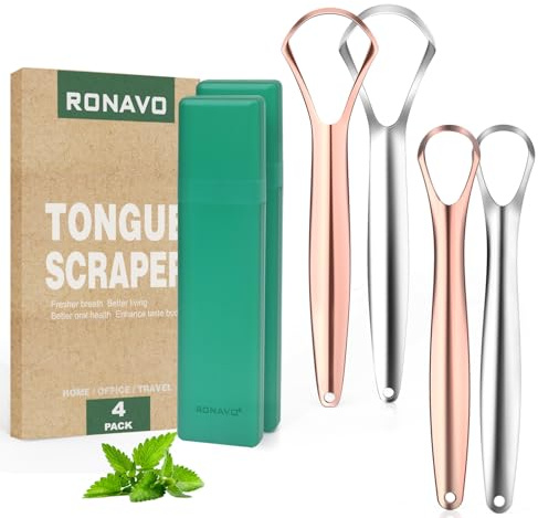 RONAVO Limpiador de raspadores de lengua para adultos y niños, para higiene bucal, mantener la salud bucal, limpiar los artículos diversos, mejorar el sentido del gusto, 2 colores (4 unidades)