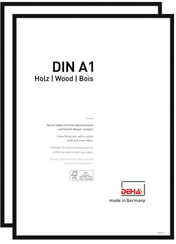 DEHA Design Bilderrahmen, 59,4 x 84,1 cm (A1) (2er Set), Holz, Schwarz, Posterrahmen zum Aufhängen im Hoch- & Querformat, bruchsicheres Kunstglas, Fontana