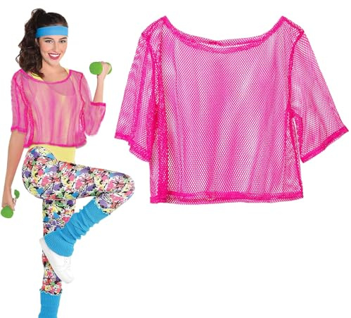 XNIVUIS Top a rete fluo, costume da donna, maglia a rete anni '80, unisex, taglia unica, costume retrò da discoteca, maglietta con spalle scoperte, per feste a tema anni '80, rosa, Taglia unica