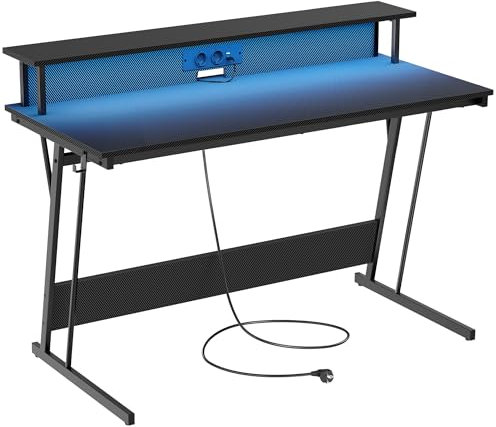 VASAGLE Schreibtisch, Gaming Tisch mit eingebauter Steckdosenleiste, Computertisch, mit Monitorständer für 2 Monitore, Schlafzimmer, 55 x 135 x 76 cm, kohlschwarz LWD117B02